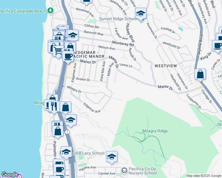 map of restaurants, bars, coffee shops, grocery stores, and more near 623 Miller Avenue in Pacifica