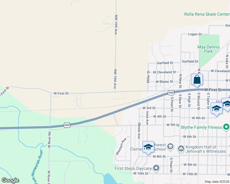 map of restaurants, bars, coffee shops, grocery stores, and more near 173 Northwest 10th Avenue in Pratt