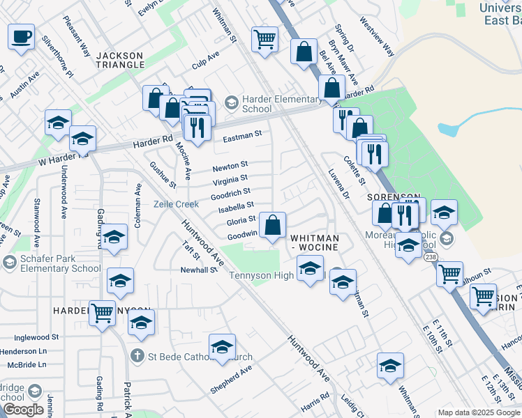 map of restaurants, bars, coffee shops, grocery stores, and more near 266 Gloria Street in Hayward
