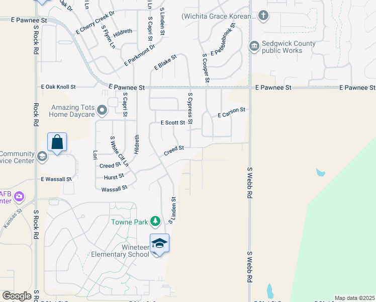 map of restaurants, bars, coffee shops, grocery stores, and more near 9105 Creed Street in Wichita