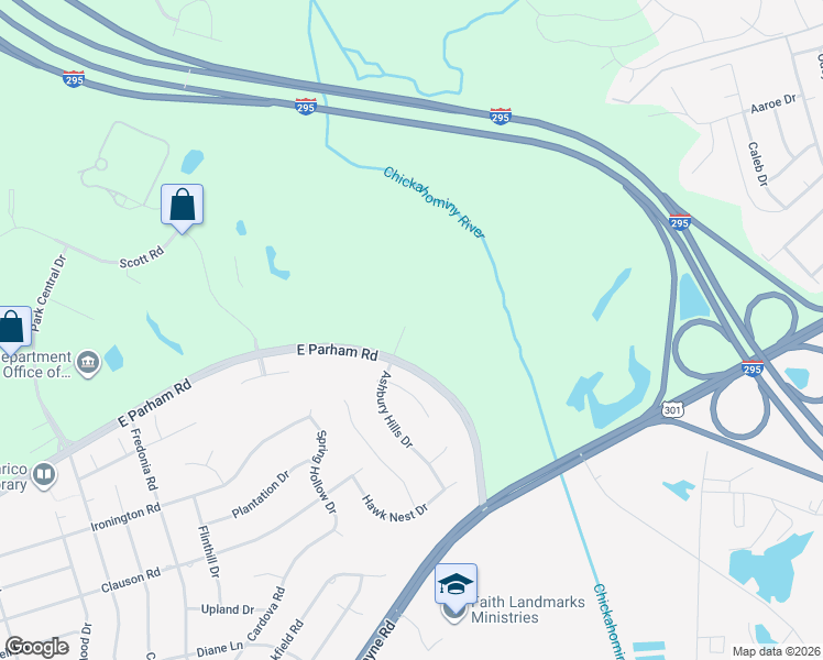 map of restaurants, bars, coffee shops, grocery stores, and more near 200 East Parham Road in Richmond