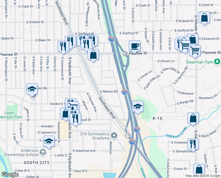 map of restaurants, bars, coffee shops, grocery stores, and more near 1947 E Marion Rd in Wichita