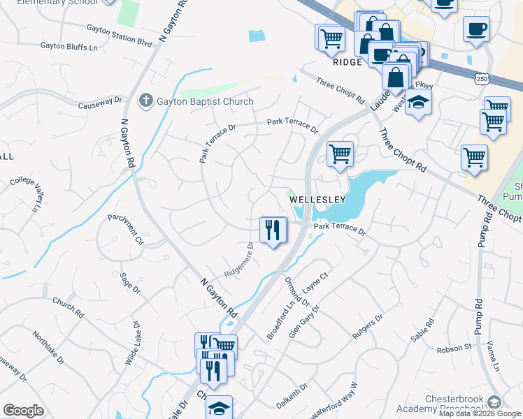 map of restaurants, bars, coffee shops, grocery stores, and more near 13005 Silent Wood Court in Henrico