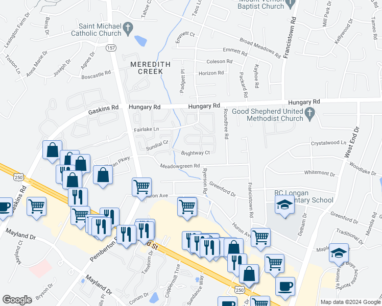 map of restaurants, bars, coffee shops, grocery stores, and more near Brightway Court in Richmond