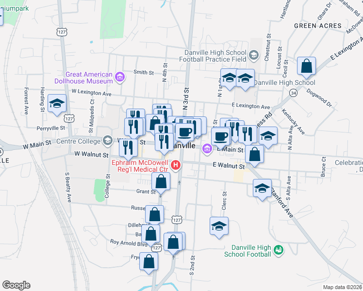 map of restaurants, bars, coffee shops, grocery stores, and more near in Danville