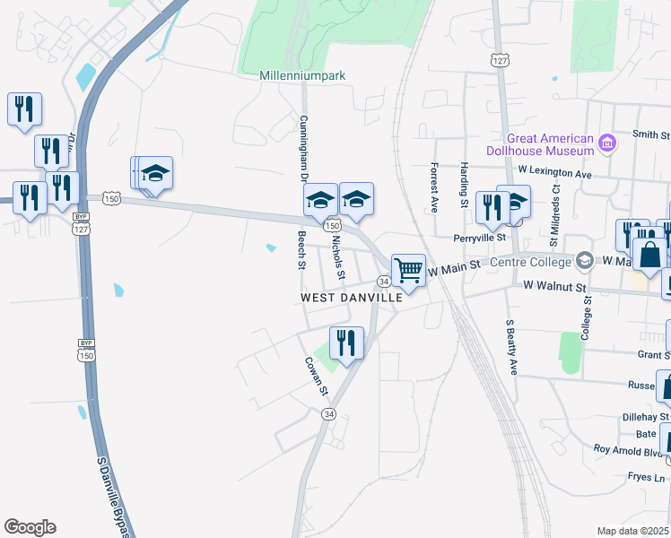 map of restaurants, bars, coffee shops, grocery stores, and more near 132 Nichols Street in Danville