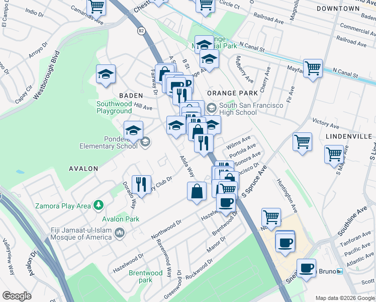 map of restaurants, bars, coffee shops, grocery stores, and more near 416 Alida Way in South San Francisco