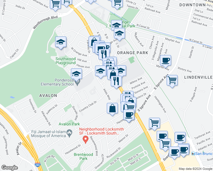map of restaurants, bars, coffee shops, grocery stores, and more near in South San Francisco