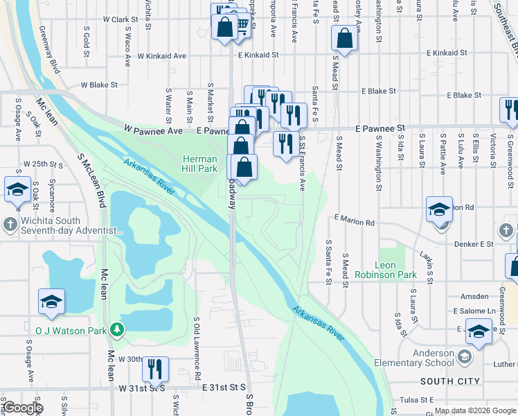 map of restaurants, bars, coffee shops, grocery stores, and more near 365 East Marion Court in Wichita