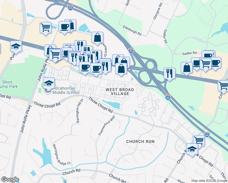 map of restaurants, bars, coffee shops, grocery stores, and more near 3812 Pumpkin Seed Lane in Glen Allen