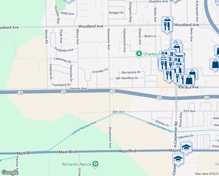 map of restaurants, bars, coffee shops, grocery stores, and more near Kansas Avenue & North Rosemore Avenue in Modesto