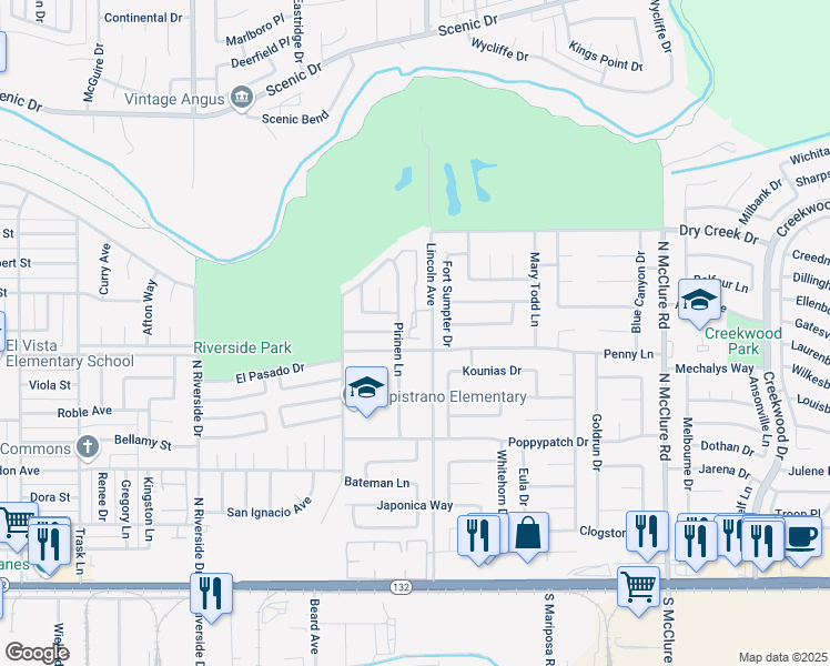map of restaurants, bars, coffee shops, grocery stores, and more near 517 Lincoln Avenue in Modesto