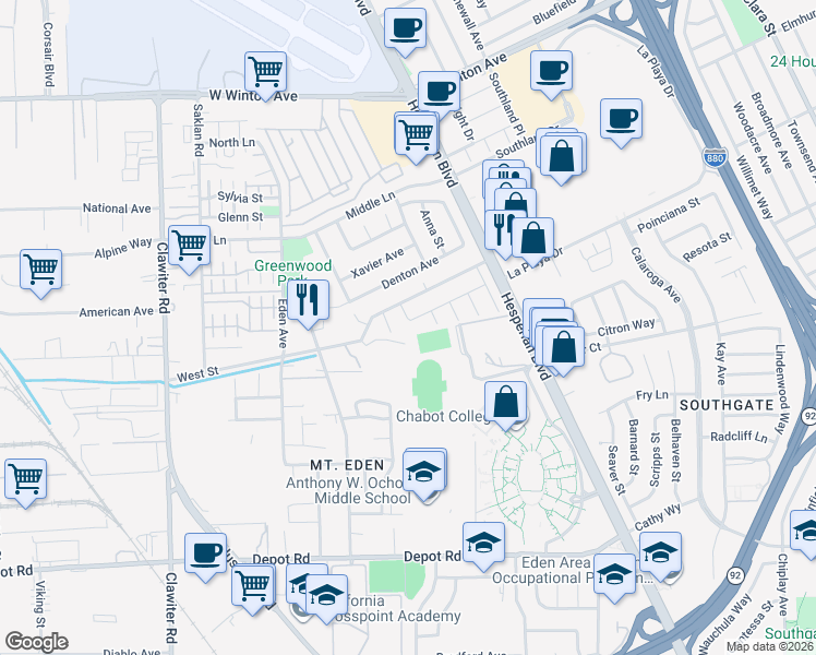 map of restaurants, bars, coffee shops, grocery stores, and more near 1372 Sangamore Street in Hayward