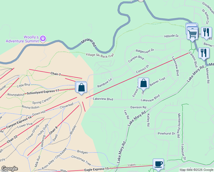 map of restaurants, bars, coffee shops, grocery stores, and more near 826 Lakeview Boulevard in Mammoth Lakes