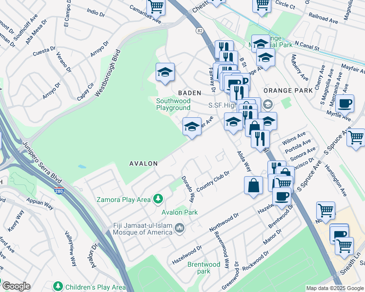 map of restaurants, bars, coffee shops, grocery stores, and more near Ponderosa Road in South San Francisco