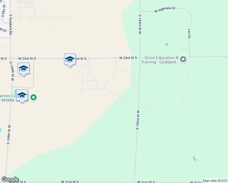 map of restaurants, bars, coffee shops, grocery stores, and more near 2671 South 183rd Street West in Goddard