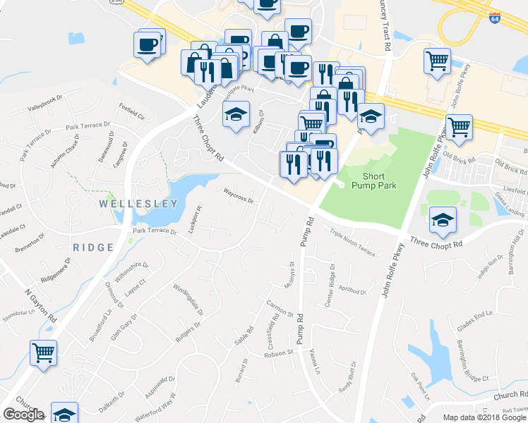 map of restaurants, bars, coffee shops, grocery stores, and more near 3204 Nutley Court in Henrico