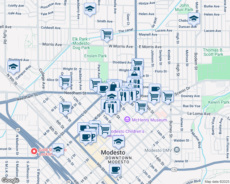 map of restaurants, bars, coffee shops, grocery stores, and more near 305 Needham Street in Modesto