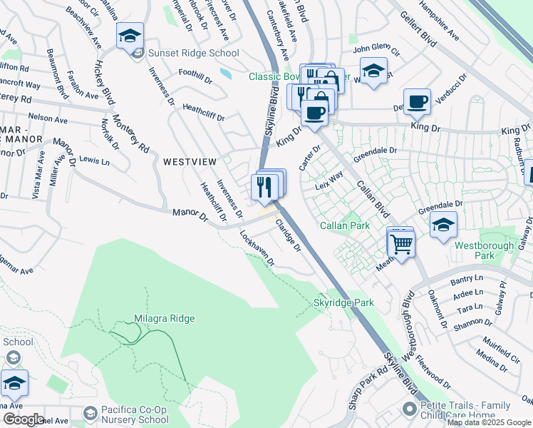 map of restaurants, bars, coffee shops, grocery stores, and more near 681 Manor Drive in Pacifica