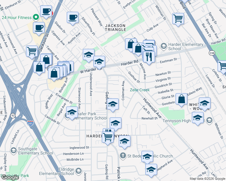map of restaurants, bars, coffee shops, grocery stores, and more near 26030 Gading Road in Hayward