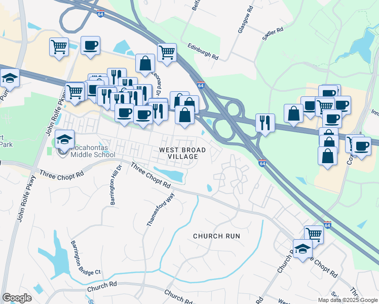 map of restaurants, bars, coffee shops, grocery stores, and more near 1808 Liesfeld Parkway in Glen Allen