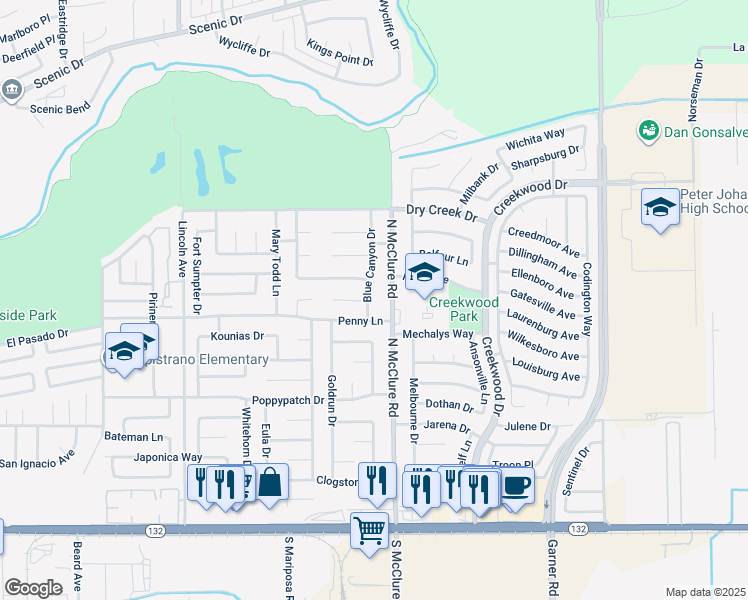 map of restaurants, bars, coffee shops, grocery stores, and more near 512 Blue Canyon Drive in Modesto