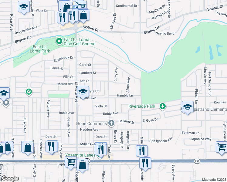 map of restaurants, bars, coffee shops, grocery stores, and more near 2401 Hamble Lane in Modesto