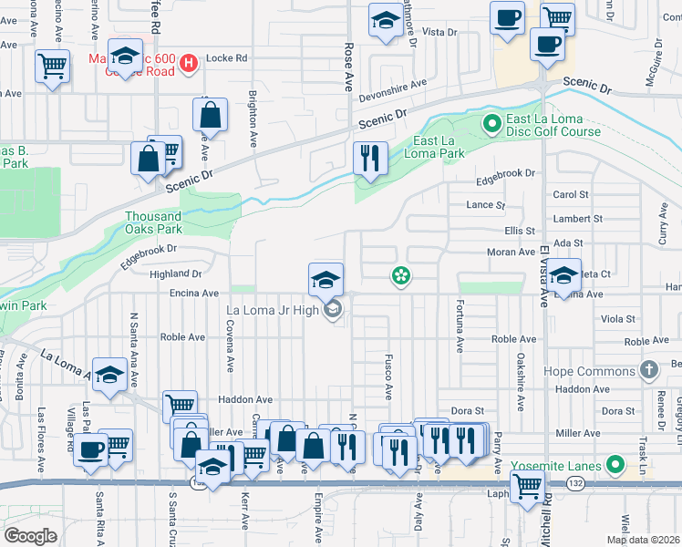 map of restaurants, bars, coffee shops, grocery stores, and more near 1716 Whippoorwill Court in Modesto