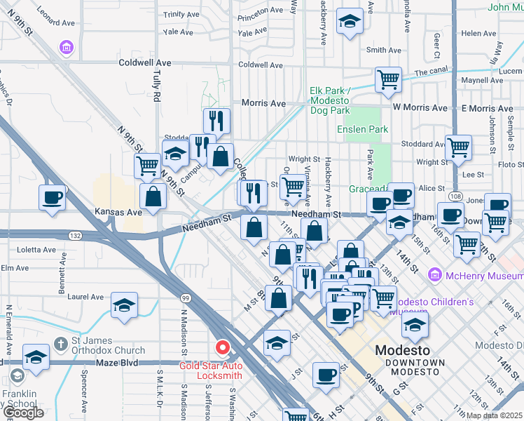 map of restaurants, bars, coffee shops, grocery stores, and more near 1433 11th Street in Modesto