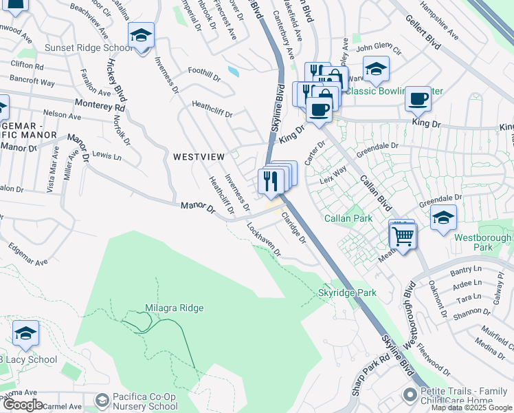 map of restaurants, bars, coffee shops, grocery stores, and more near 590 Inverness Drive in Pacifica