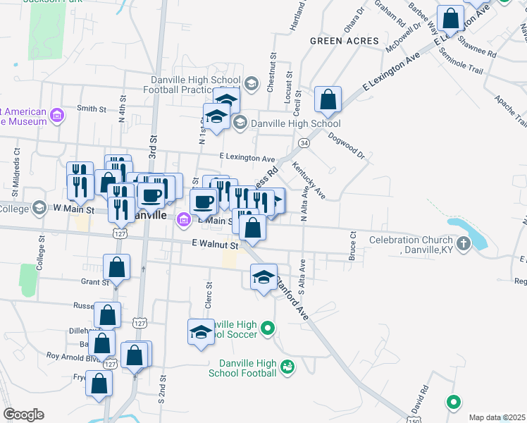 map of restaurants, bars, coffee shops, grocery stores, and more near 401 East Main Street in Danville