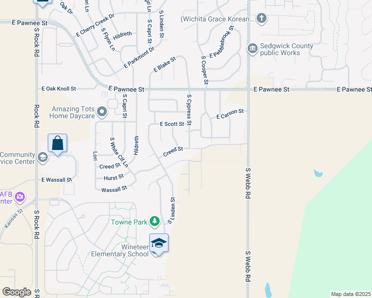 map of restaurants, bars, coffee shops, grocery stores, and more near 9105 Creed Street in Wichita