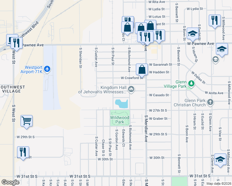 map of restaurants, bars, coffee shops, grocery stores, and more near 2701-2747 S St Paul St in Wichita