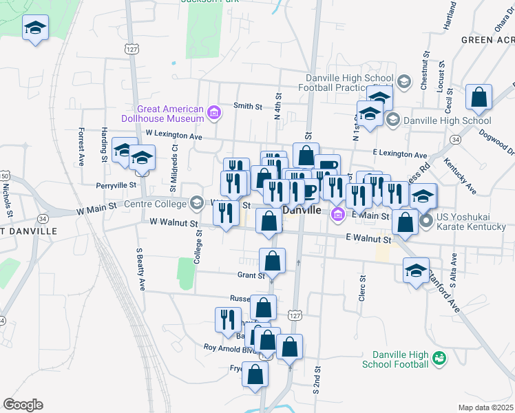 map of restaurants, bars, coffee shops, grocery stores, and more near 451 W Main St in Danville