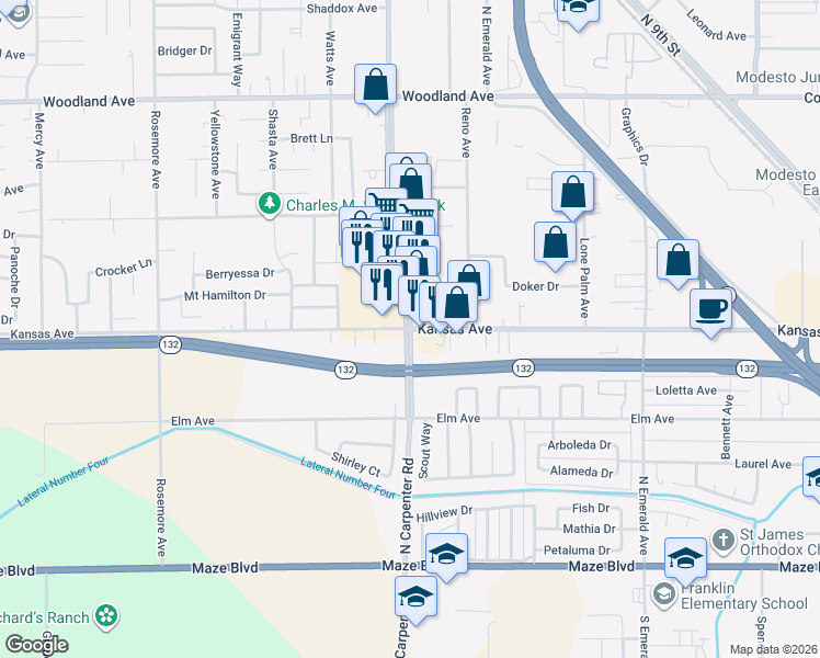 map of restaurants, bars, coffee shops, grocery stores, and more near Kansas Ave & N Carpenter Rd in Modesto