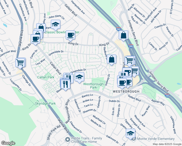 map of restaurants, bars, coffee shops, grocery stores, and more near 3607 Gilbert Court in South San Francisco
