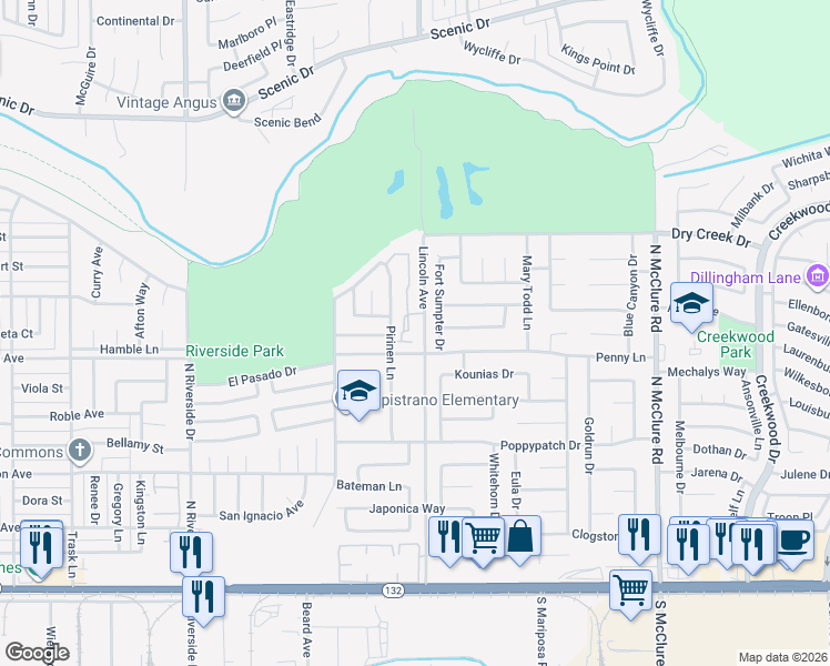map of restaurants, bars, coffee shops, grocery stores, and more near 509 Lincoln Avenue in Modesto