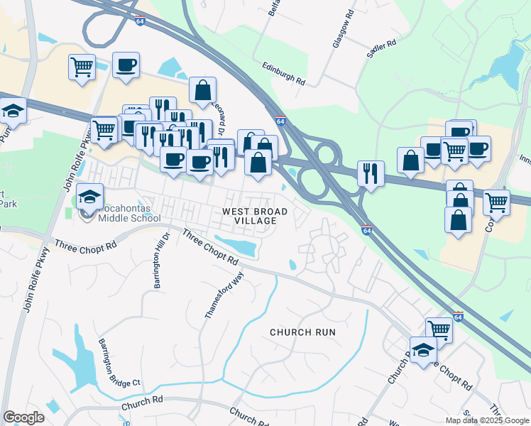 map of restaurants, bars, coffee shops, grocery stores, and more near 1808 Liesfeld Parkway in Glen Allen