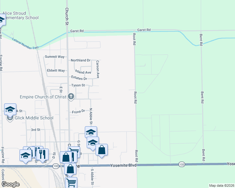 map of restaurants, bars, coffee shops, grocery stores, and more near 429 Root Road in Modesto
