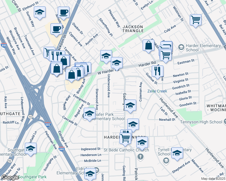 map of restaurants, bars, coffee shops, grocery stores, and more near 26082 Underwood Avenue in Hayward