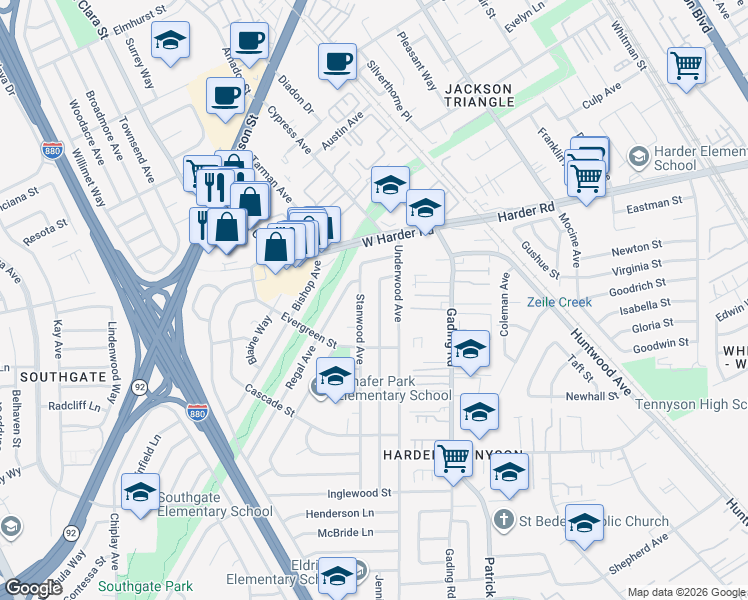 map of restaurants, bars, coffee shops, grocery stores, and more near 26060 Stanwood Avenue in Hayward