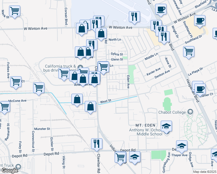 map of restaurants, bars, coffee shops, grocery stores, and more near 554 Ravenna Way in Hayward