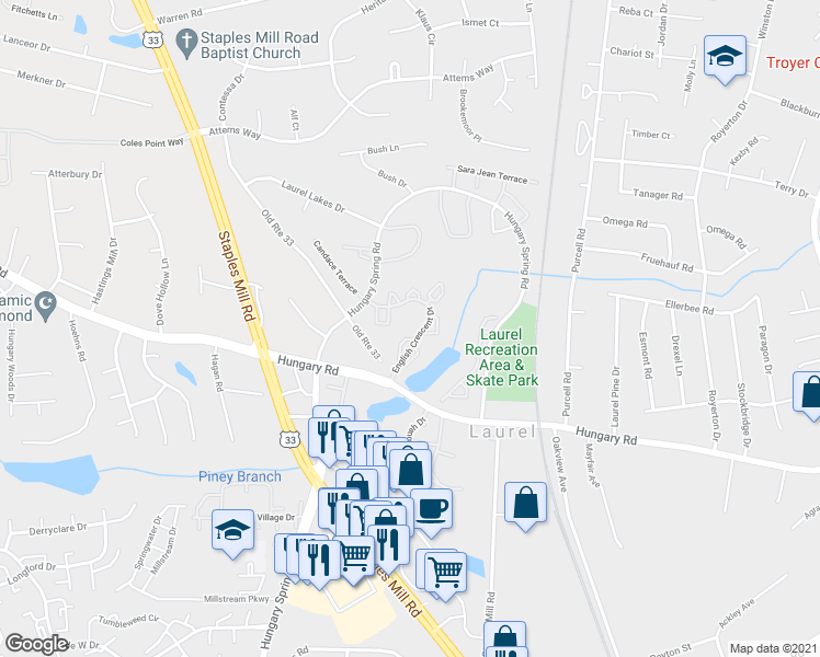 map of restaurants, bars, coffee shops, grocery stores, and more near 9355 Kempton Manor Court in Glen Allen