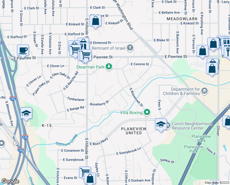 map of restaurants, bars, coffee shops, grocery stores, and more near 2700 South Vassar Court in Wichita