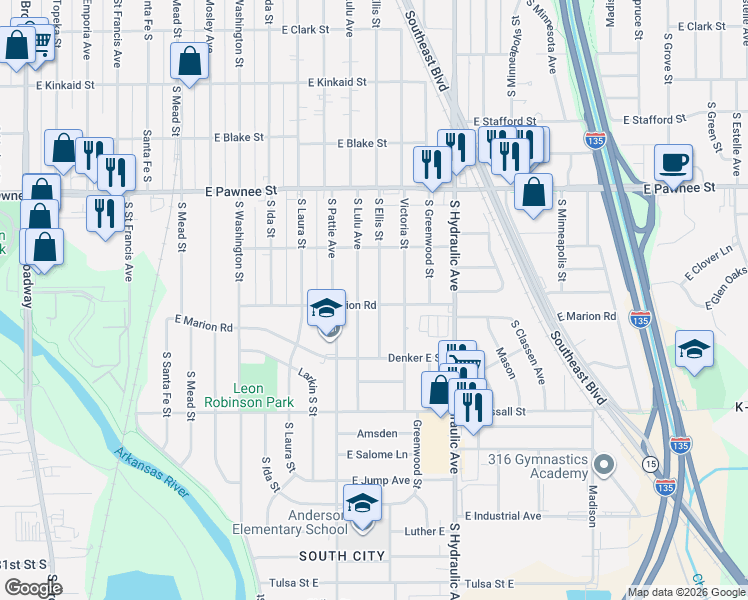 map of restaurants, bars, coffee shops, grocery stores, and more near 2614 Ellis South in Wichita