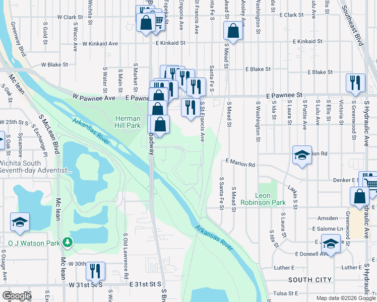 map of restaurants, bars, coffee shops, grocery stores, and more near 513 East Marion Road in Wichita