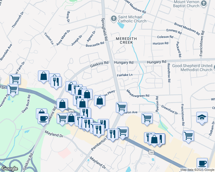 map of restaurants, bars, coffee shops, grocery stores, and more near 9624 Springfield Woods Circle in Glen Allen