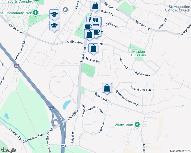 map of restaurants, bars, coffee shops, grocery stores, and more near 5824 Sycamore Court in Pleasanton