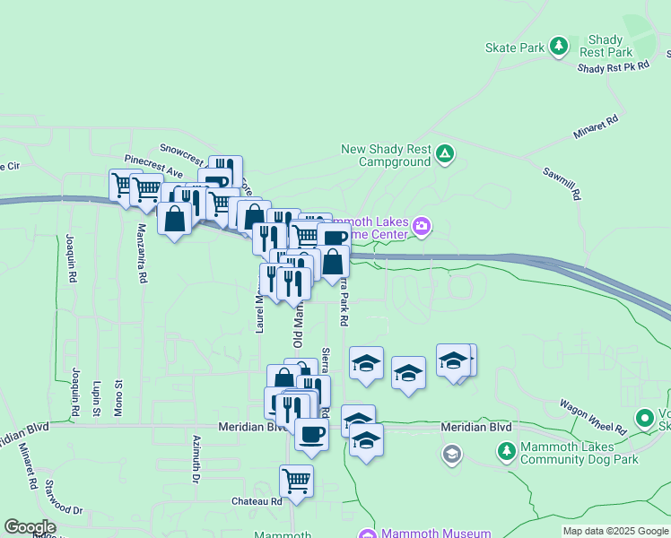 map of restaurants, bars, coffee shops, grocery stores, and more near 1422 Tavern Road in Mammoth Lakes