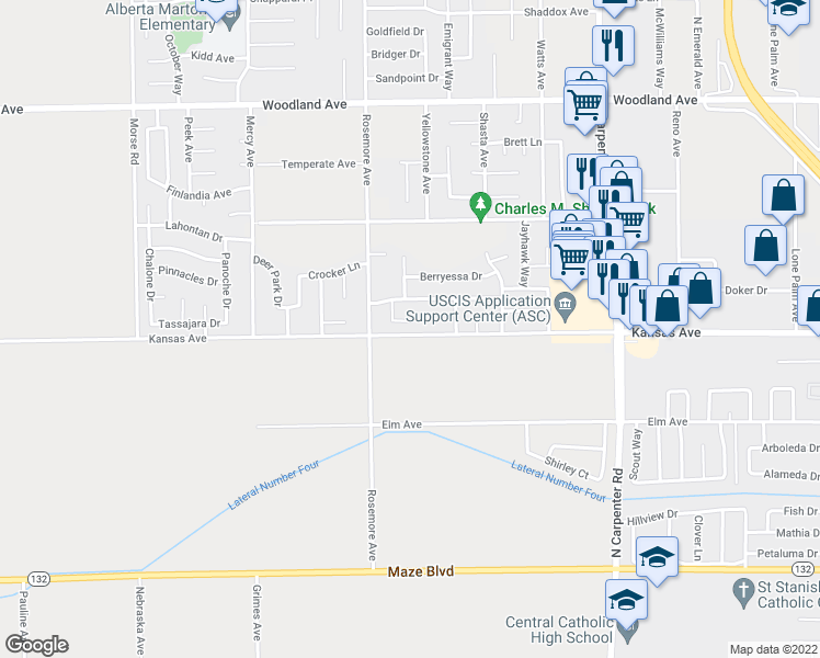 map of restaurants, bars, coffee shops, grocery stores, and more near 2004 Nita Alexander Court in Modesto